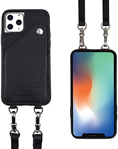 LUCKYCOIN Crossbody iPhone Cases 11 Pro Max Pebble Leather Purse Wallet Detachable Adjustable Leather Strap Card Holders Pocket with Button Compatible with 2019 Apple iPhone 6.5 inch Black