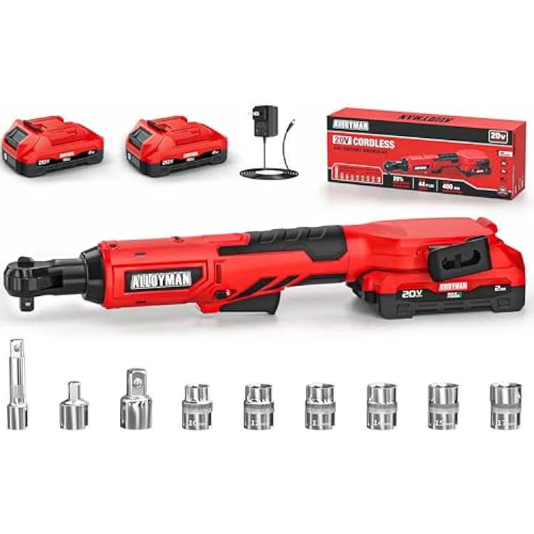 Alloyman 3/8 Cordless Ratchet Wrench Set, 44FT-LBS(60N.m) Electric Ratchet, 2 X 20V Chargeable Power Ratchet Wrench Set with Variable Speed, LED Light, 6 Sockets, 1/4 Adapter, 3 Extension Rod