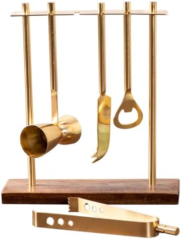 - Nestroots 4-Piece Bar Tool Set with Wooden Stand | Golden Stainless Steel Peg Measurer, Bottle Opener, Garnish Knife & Tong | Bar Counter Accessory for Home & Gifting