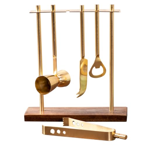 Nestroots 4-Piece Bar Tool Set with Wooden Stand | Golden Stainless Steel Peg Measurer, Bottle Opener, Garnish Knife & Tong | Bar Counter Accessory for Home & Gifting
