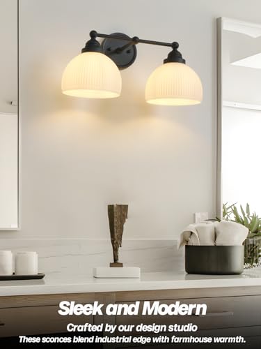 Image of 2-Lights Milk White Glass Wall Sconce Lighting Brass Finished, Double Arm Bathroom Vanity Light Fixture for Bedroom Living Room Dining Room Hallway