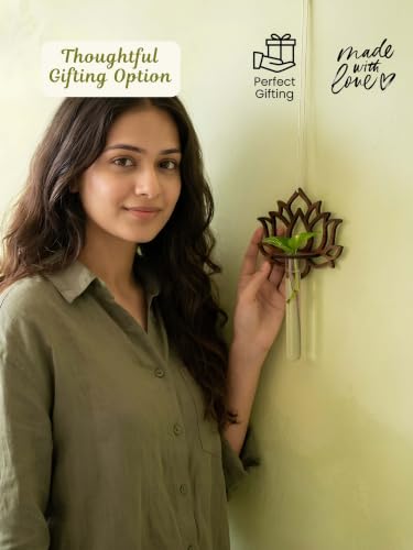 Image of Bombay Greens ; Sow, grow, eat, repeat Hanging Lotus Planter with Wooden Holder & Rope | Test Tube Hanging Planter | Wooden Stand for Home Decor, Living Room, Balcony & Office Decoration