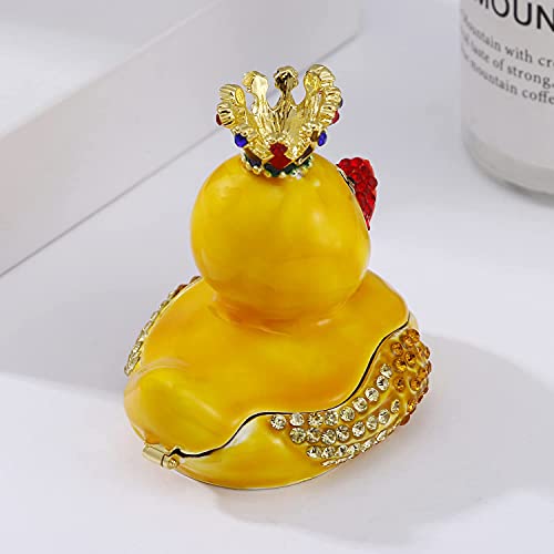 Hand Painted Yellow Duck Trinket Box, Hinged Enameled Jewelry Box, Unique Mini Ring Earrings Jewelry Organizer, Vintage Bejeweled Storage, Figurine Collectible Keepsake Home Decor (Yellow Duck) #TOP2