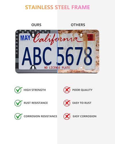 American Flag License Plate Frames - 2 Pack Black Stainless Steel Patriotic USA Car Tag Frame with UV-Printed Flag & 3D Metal Decals