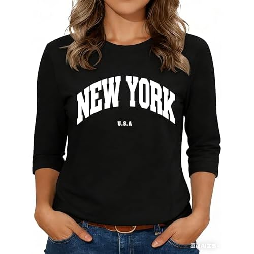 3/4 Sleeve Tops for Women Basic Crew Neck Spring Blouses Casual Fit Fall T Shirts, Black New York, S