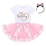 IBTOM CASTLE Tenue de fête d'anniversaire fantaisie pour bébé fille avec haut à manches courtes + short à pois + souris oreilles gâteau smash vêtements, Cœur rose, 5T