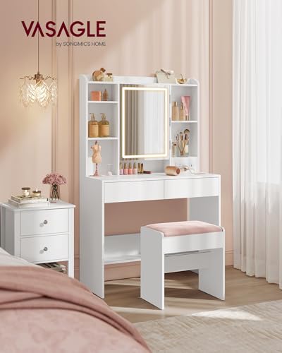 Image of VASAGLE 35.4-Inch Vanity Desk with Mirror and Lights, 2 Drawers