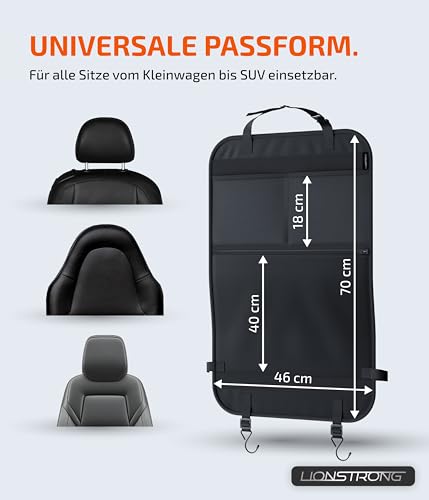 LIONSTRONG® Auto Organizer Kinder Rücksitz schwarz [WASSERDICHT] - Rückenlehnenschutz Auto Kinder universell kompatibel - Autositz Organizer - Sitzschutz Rückenlehne - große Tasche