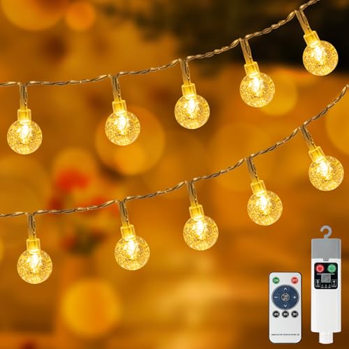 Ayciep Kristall Kugeln Lichterkette Außen USB Aufladbare Batterie 5M 50LED Lichterkette Wiederaufladbare Batterie 8 Modi | 3 Timer | Warmweiß | Außen/Innen für Terrasse Balkon Garten Deko