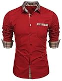 JINIDU Herren Casual Cotton Langarm-Oberhemd Karierter Kragen Slim Fit Button-Down-Shirt Rot XX-Large