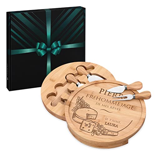 Maverton Plateau à Fromage Personnalisé - 25cm Plateau Fromage avec Les Accessoires - en Bois - Cadeau Homme - Anniversaire - Saint Valentin - Cadeau Personnalisé Noel - Rêve