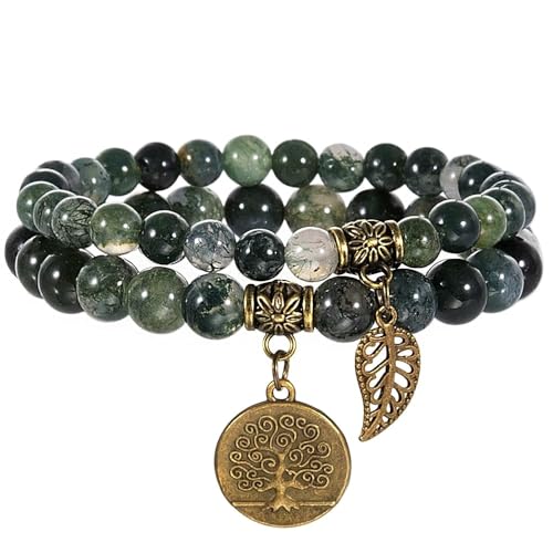 Image of Farfume Chakra Bracelets for Women - Crystals Bracelet Gift for Women Natural Gemstones Yoga Reiki- A Set of Double Bracelets（Green Moss Agate & LifeTree（Medium）