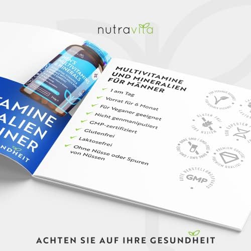 Men's Multivitamins and Minerals - 25 Essential Active Vitamins and Minerals with Added Maca Root and Panax Ginseng - 180 Vegan Tablets - No Synthetic Fillers or Binders - Made in The UK by Nutravita