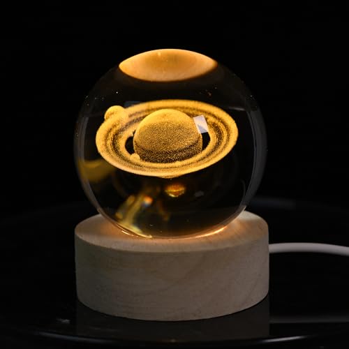 Image of 2.36 Inch 3D Galaxy Crystal Ball Night Light Lamp with Wooden Base, Warm Glow LED Mood Night Light, Gift for Boys, Girls, and Teens (Saturn)