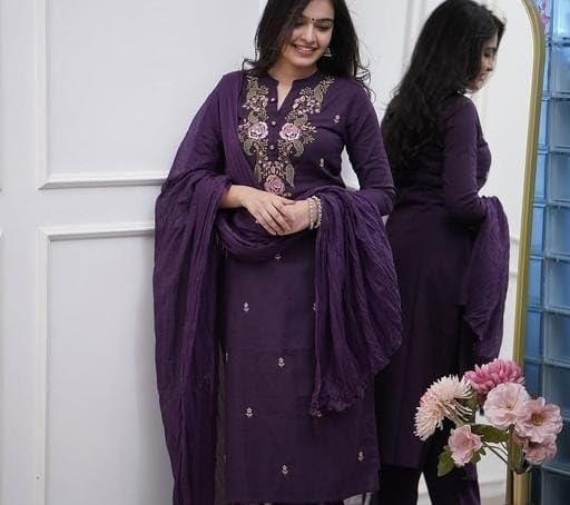 Image of Women's Purple Embroidered Cotton Kurti with Palazzo and Dupatta Set, Ethnic Indian Wear, Floral Design