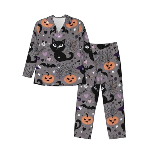Mens Long Sleeves Pajama Set Black Funny Cat Halloween Pattern Cozy Two-Piece Loungewear For Nighttime Comfort,Casual Wear