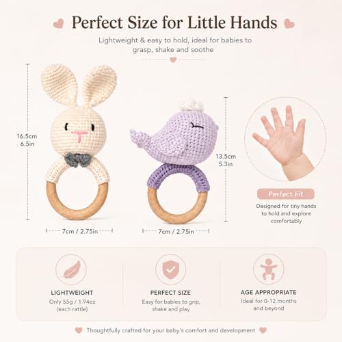 Image of Handmade Crochet Bunny Rattle & Whale Wooden Teether Combo | Baby Teether Toy with Natural Wooden Ring | Soft Knitted Infant Sensory Rattle | Newborn Teething Toy | Organic Cotton Baby Gift Set (Pack of 2)