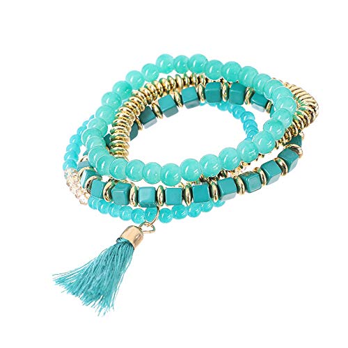 Bracelet perles bleu clair femme bijoux mode élastique pendentif gland