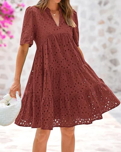Image of BTFBM Womens Boho Summer Dresses 2026 Spring V Neck Short Sleeve Hollow Out Lace Ruffle Casual Beach Mini Vacation Dress