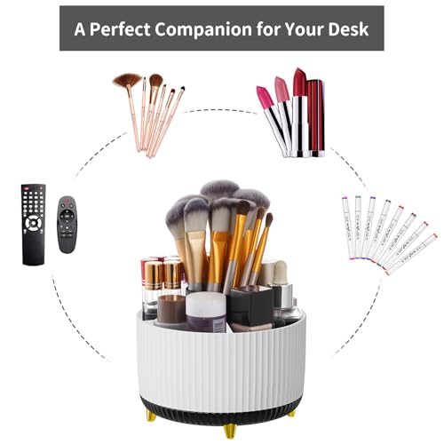 Image of Marbrasse Desk Organizer, 360-Degree Rotating Pen Holder, Desk Organizers and Accessories with 5 Compartments Pencil Holder, Art Supply Storage Box Caddy for Office, Home (White+Black)