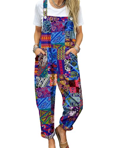 Image of YESNO Women's Overalls Cotton Boho Casual Floral Bib Jumpsuit Baggy Adjustable Strap Romper with Pockets PVV
