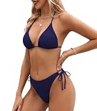 Genfien Damski zestaw bikini z dekoltem w kształcie litery V, trójkątne bikini, seksowne, niski stan, dwuczęściowy strój kąpielowy, niebieski morski, M