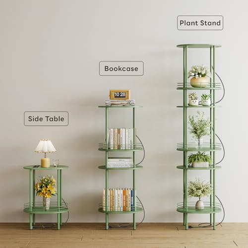 Image of Small Oval Side Table with Charging Station, 2-Tier Green Round End Table | Narrow Nightstand with USB Ports and Outlets, Bedside Table for Small Space - Living Room, Bedroom, Nursery,(1PC,Green)