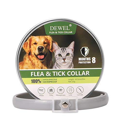 DEWEL Collar Perro contra Pulgas Collar Antipulgas y Garrapatas 8 Meses de Protección para Perros y Gatos Pequeños Medianos y Grandes 63.5cm Gris