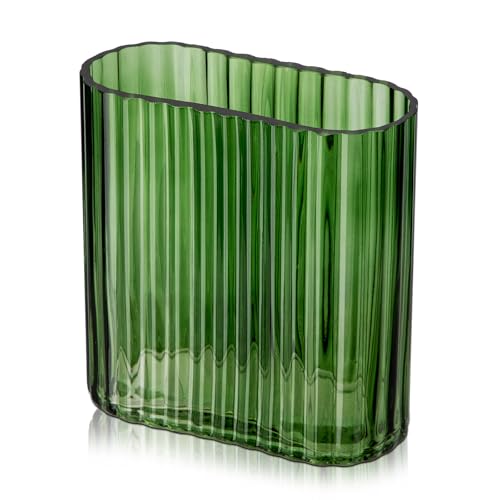 Green Glass Vase 6.7 Inch Ribbed Glass Vase for Flowers Unique Fluted Vase Decorative Modern Vase for Wedding Home Office Dinning Living Room Shelf Table Centerpieces