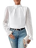 GORGLITTER Damen Blusen Elegant Mesh Oberteil Stehkragen Hemdbluse Langarmshirt mit Volant Ärmel Weiß M