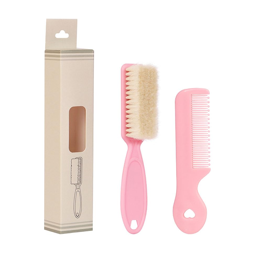 Baby Hair Brush and Comb Set - Goat Hair Brush Natural Soft Bristles Hair Comb Massage Cradle Cap Treatment for Newborn, Toddlers and Kids, Baby Shower and Registry (Pink)
