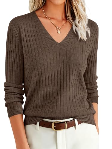 ANRABESS Women's Long Sleeve V Neck Ribbed Sweaters Shirts,Brown,M