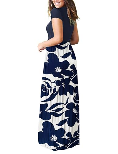 Image of MISFAY Women's Short Sleeve Maxi Dresses Long Casual Dresses with Pockets | Empire Elastic Waist, Crew Neck, Floor Length, Strentchy Flowy A Line Fit, Loose Plain Summer Outfits, Vacation Wear