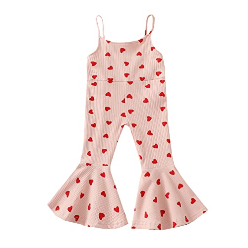 BOIBOKOKO Baby Girls Valentine 's Day Clothes Love Heart Halter Bell Bottom Romper Knit Ribbed Jumpsuit Bodysuit Outfits (1#Pink, 12-18 Months)