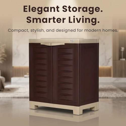 Image of Supreme Fusion SR 01 Plastic Shoe Rack Cabinet, Brown and Beige, 2 Door with 3 Adjustable Shelves, Water and Rust Proof