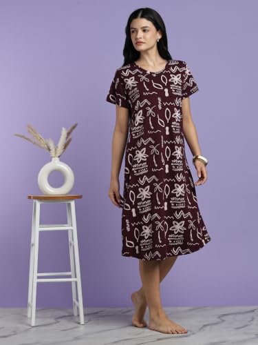Image of 9shines Label Hosiery Cotton Knee Length Short Night Dress | Short Nighty for Women with Pocket | Graphic Print Nightwear | Night Gown for Women (M-7XL)