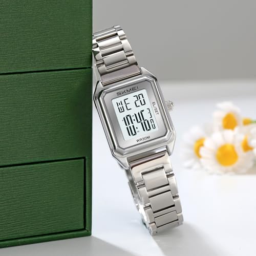 MASTOP Gold Digital Watch for Women Square Stainless Steel Waterproof LED Watch with Date, Alarm, Stopwatch, Countdown (Silver White) by MASTOP - Used condition - Image 4