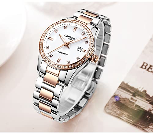 Image of Women's Diamond Automatic Mechanical Rose Gold Stainless Steel Sapphire Waterproof Lady's Elegant Blue Watch
