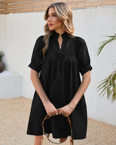 Women's Ruffle Collar High Neck Mini Dress Puff Short Sleeve Cotton Babydoll Peplum Dresses with Pockets3