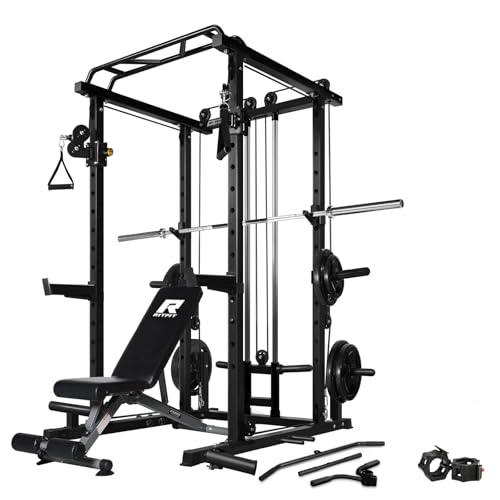 RitFit Multi-Function Garage & Home Gym Package Includes 1000LBS Power Cage PPC03 with Cable Crossover System, Weight Bench, Olympic Barbell Weight Set, Full Body Workout-BLK,Rubber Plate 230lbs