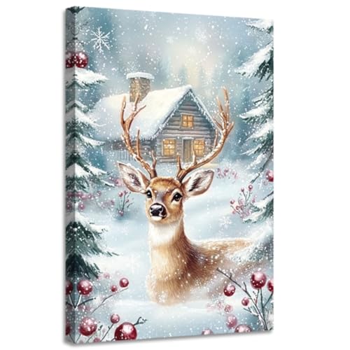 CGXLB Christmas Wall Art Reindeer Painting Rustic Christmas Decorative Winter