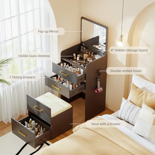 Gurexl 3 in 1 Vanity Desk with Flip Top Mirror for Bedroom,Small Compact Vanity with Visible Glass Desktop for Cloakroom,Makeup Vanity Set with 3 Drawers,Cushioned Stool,Black
