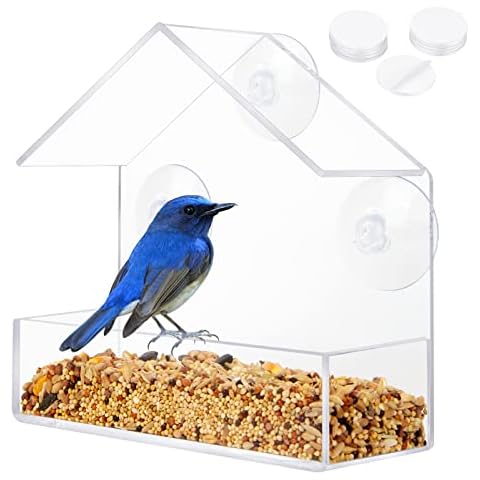 Window Bird Feeders with Strong Suction Cups IKAYAS Small Dird Feeder for Small Birds Bird Feeding Station and 10Pcs Removable Adhesive Dots Cover