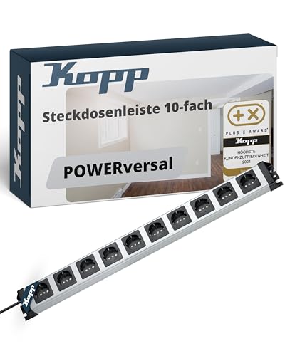 Kopp POWERversal 10-fach Steckdosenleiste in Silber-Schwarz - Mehrfachsteckdose mit erhöhtem Berührungsschutz - IP20 Mehrfach-Steckerleiste mit 1,4m Zuleitung & 90° gedrehten Anschlüssen