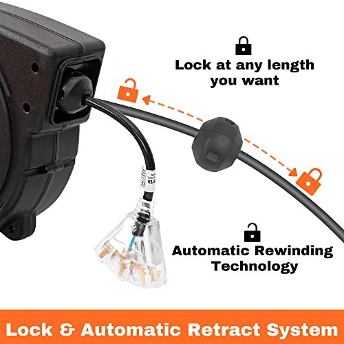 Honderson 45 Ft Retractable Extension Cord Reel With 3 Electrical Outlets,Heavy Duty 12 Awg/3C Sjtow Power Cord,15 Amp Circuit Breaker-Ceiling Or Wall Mount For Garage,Ul Listed #TOP4