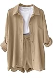 Joligiao 2 Piece Outfits Cotton Linen Shirt and Shorts Co Ord Sets for Women Summer Button Down Long Sleeve Shirt Top and Drawstring Linen Shorts Casual Loungewear Tracksuit for Airport Travel Beach