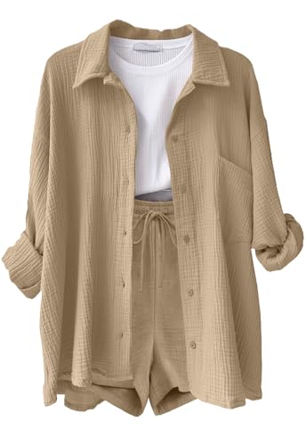 Joligiao Conjuntos Mujer Verano Casual Dos Piezas Pantalon Cortos y Blusa Elegante Conjunto Lino Chándal Camisa Manga Larga Conjunto de Verano Ropa de Playa Chandal con Bolsillos(Caqui,L)