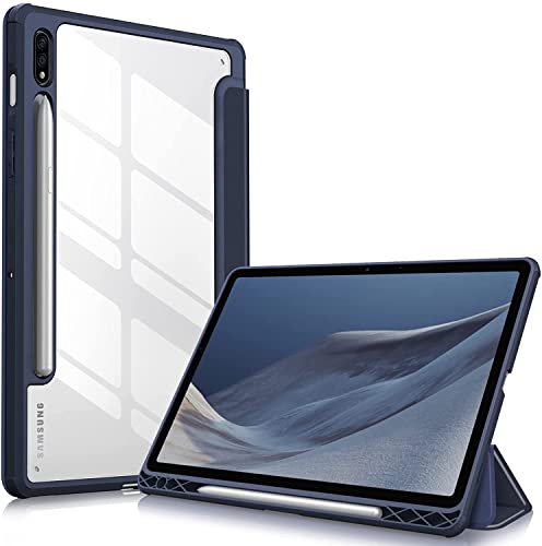 Image of SwooK Hybrid Case for Samsung Galaxy Tab S8 / S7 11 inch SM X700 X706 T870 T875 T878 with S Pen Holder Shockproof Clear Back Shell Auto Wake /Sleep Flip Cover Case (Navy Blue)