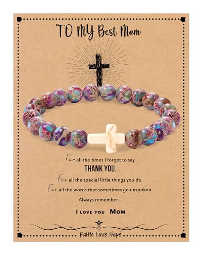 Image of Cross Bracelets for Women, Christian Gifts for Women Stocking Stuffers for Teens Cross Bracelet Imperial Nature Stone Bead Bracelet Confirmation Baptism Gift for Teen Girls Christmas Religious Gift Cathlic Faith Jewelry