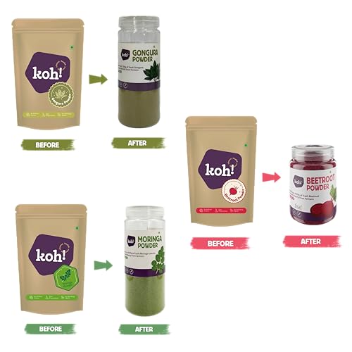 Image of KOH Veggie Powerhouse Combo Pack of 3 - Beetroot, Moringa & Gongura Powder | Pure & Natural Superfoods for Cooking, Smoothies, and Health | Rich in Protein, Fiber | No Additives